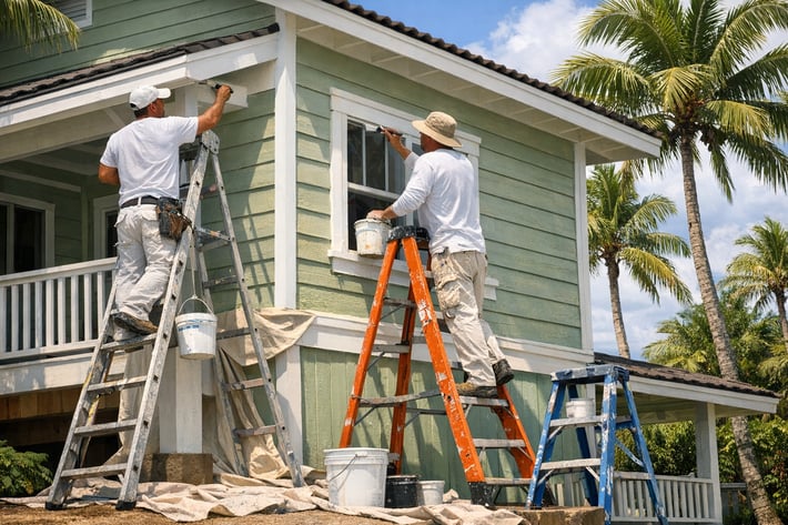 Hawaiian Painters Working on Residential Siding with Palm Trees-1