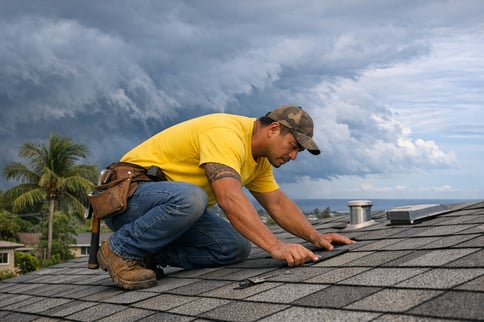 Hawaiian Kapili Local Worker Inspecting Roof Before Hurricane Season