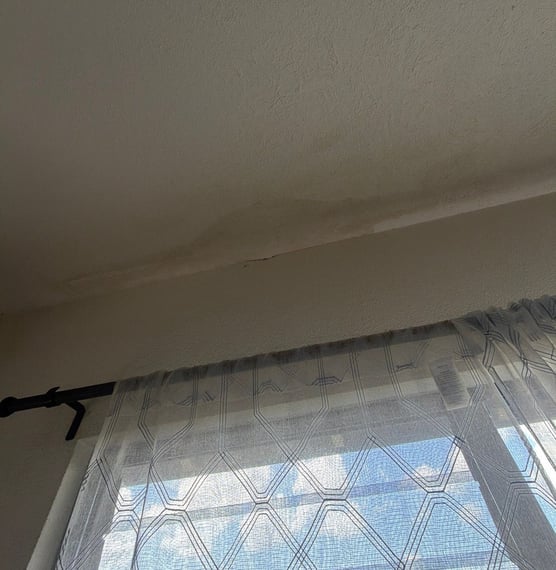 Water stain spreading across a ceiling after storm-related roof leaking on Oahu